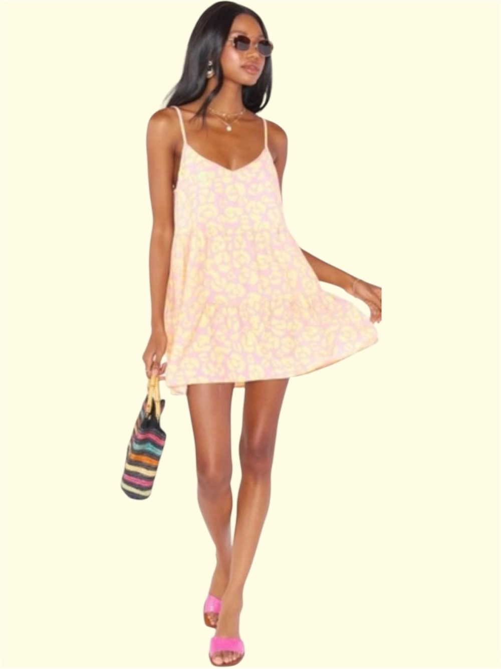Show Me Your Mumu Caroline Mini Dress Lemonade Cheetah Pink Yellow Size M